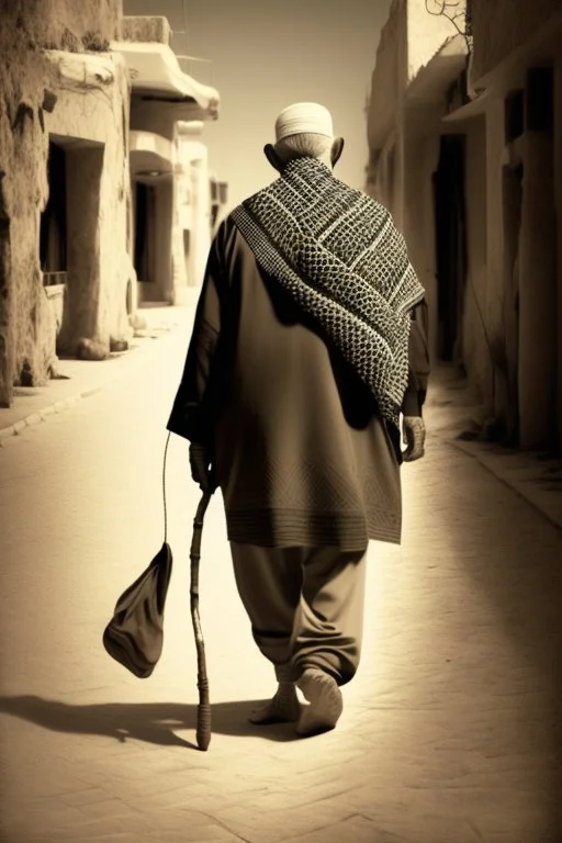 An old man wearing an Arabic keffiyeh, his back bent, walking barefoot, holding his cane upside down, looking back and holding his shoe in his hand.