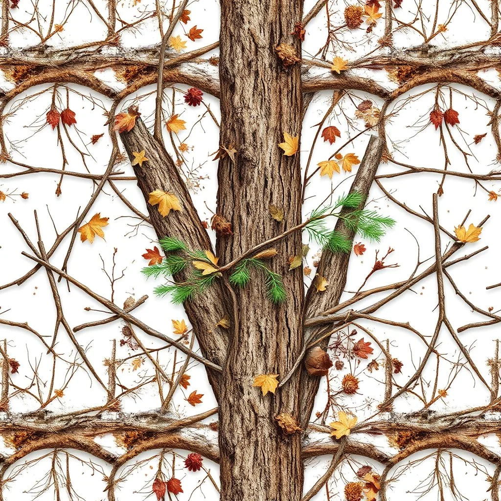 detailed Real Tree Camouflage made of sticks, twigs, tree bark, green pine branches, dried maple leaves, snow and dirt, white background, seamless repeatable texture pattern imitating a natural forest background,