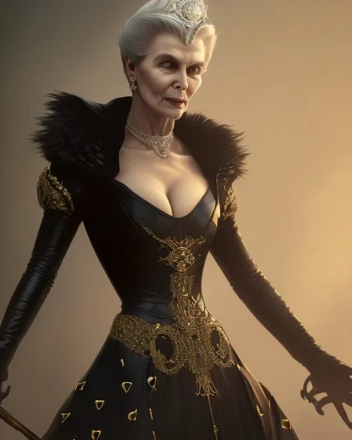 old evil queen in black leather gown, femme fatale, volouptous, busty, cleavage, angry, emperious, 8k resolution concept art portrait by Greg Rutkowski,