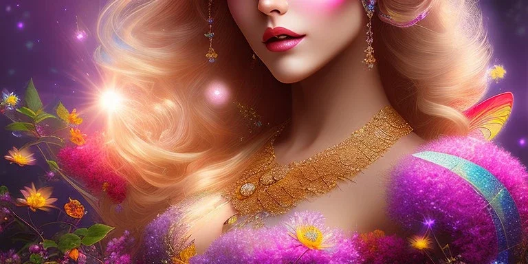 bright fairy, beautiful portrait, flowery landscape