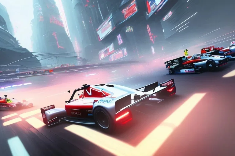 Futuristic formula race car hovering just above track, cyberpunk style, fog