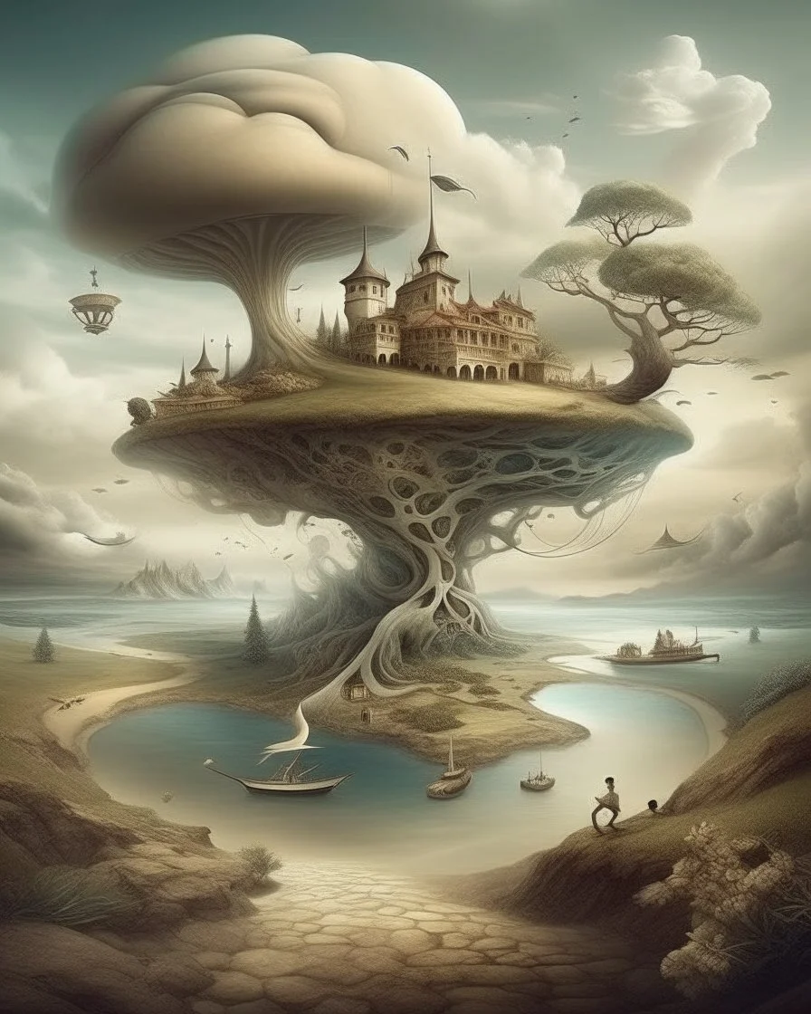 Create an image in which the Surrealism invites the viewer into dreamlike landscapes where reality and fantasy merge. This art style challenge the boundary between the conscious and the unconscious mind!