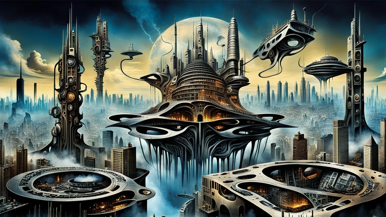 a stunningly weird image of a futuristic metropolis using Salvador Dali's paranoiac-critical method, where buildings and structures appear to melt into the skyline cityscape is filled with floating mad, twisted sharp metal shapes that interact with the buildings and each other, forming a surreal tableau of a dreamlike reality. neu-steampunk vibe, essence of the scene in a cinematic manner, with dramatic shadows that enhance the distorted perspectives and bizarre