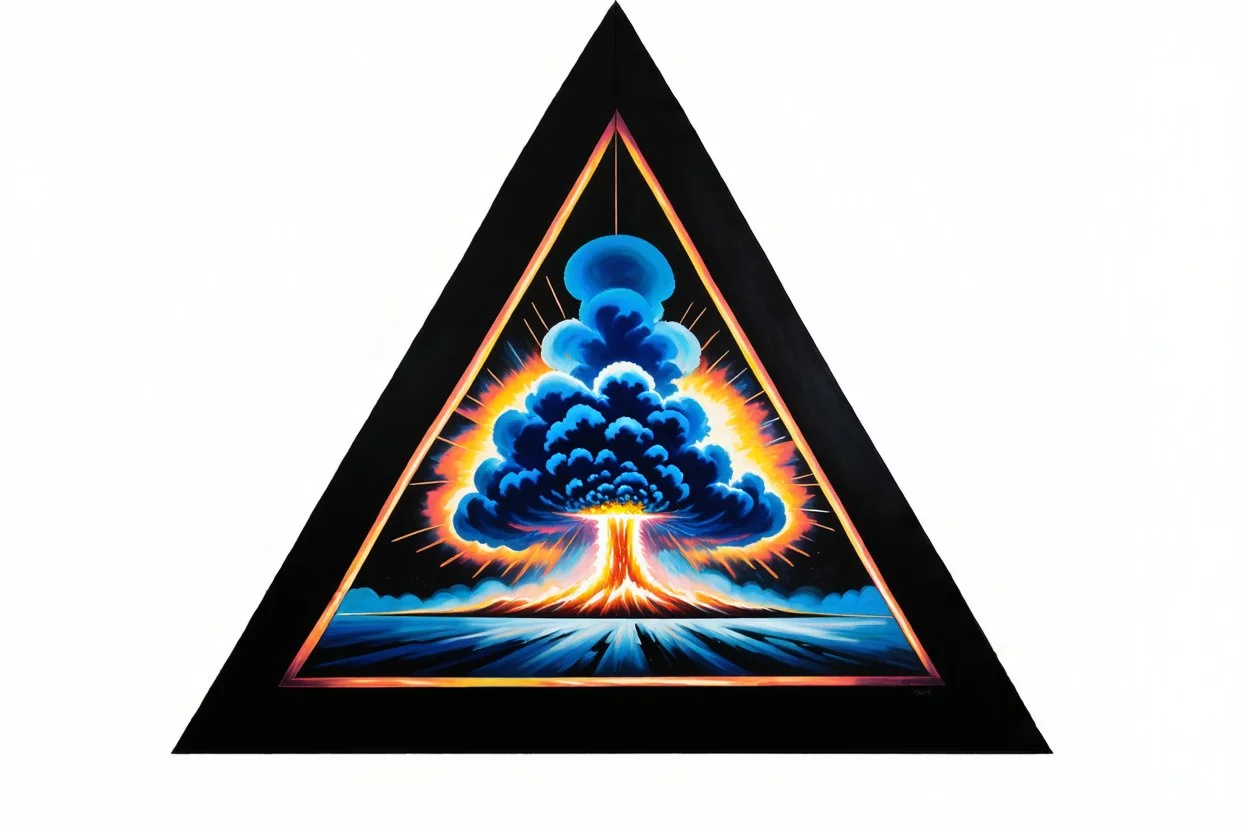 a blue nuclear explosion cloud, behind an omega like shape, all inside an equilateral triangle, radiant lines, oil painting
