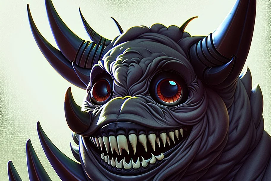 closeup of a maniacal monster's face, big teeth, tusks, fur, bumps and curled horns, my pet monster inspiration, urban character design