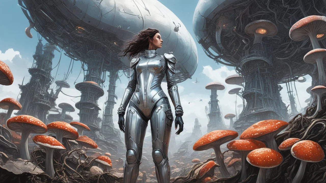 worms-eye view of a woman in a silver robotic catsuit standing in a futuristic derelict alien city with mushrooms with tentacles floating in the sky, Ian McQue