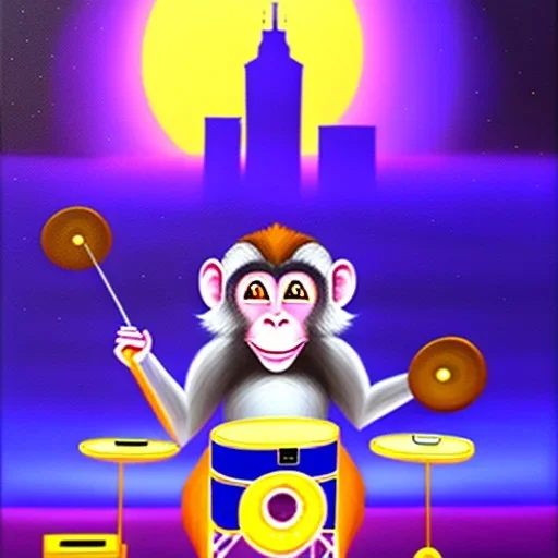 A monkey playing the drums, london skyline at night, oil painting