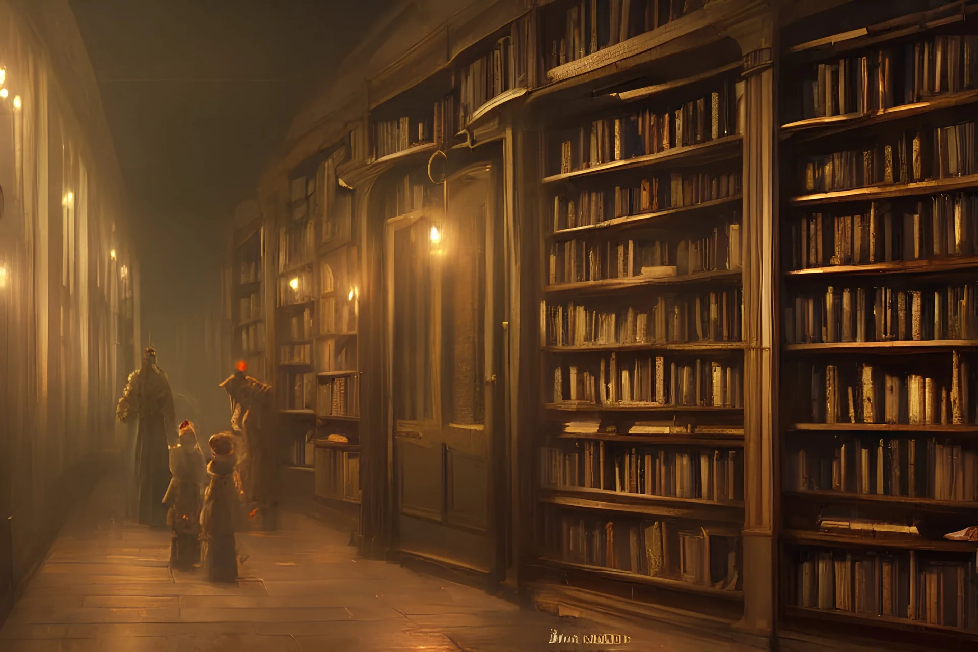 Stefan Koidl's painting of a deep dark creepy victorian corridor with bookshelves everywhere and two candles. 4k, octane, digital painting, artstation, concept art, sharp focus, illustration, art by artgerm and greg rutkowski and alphonse mucha