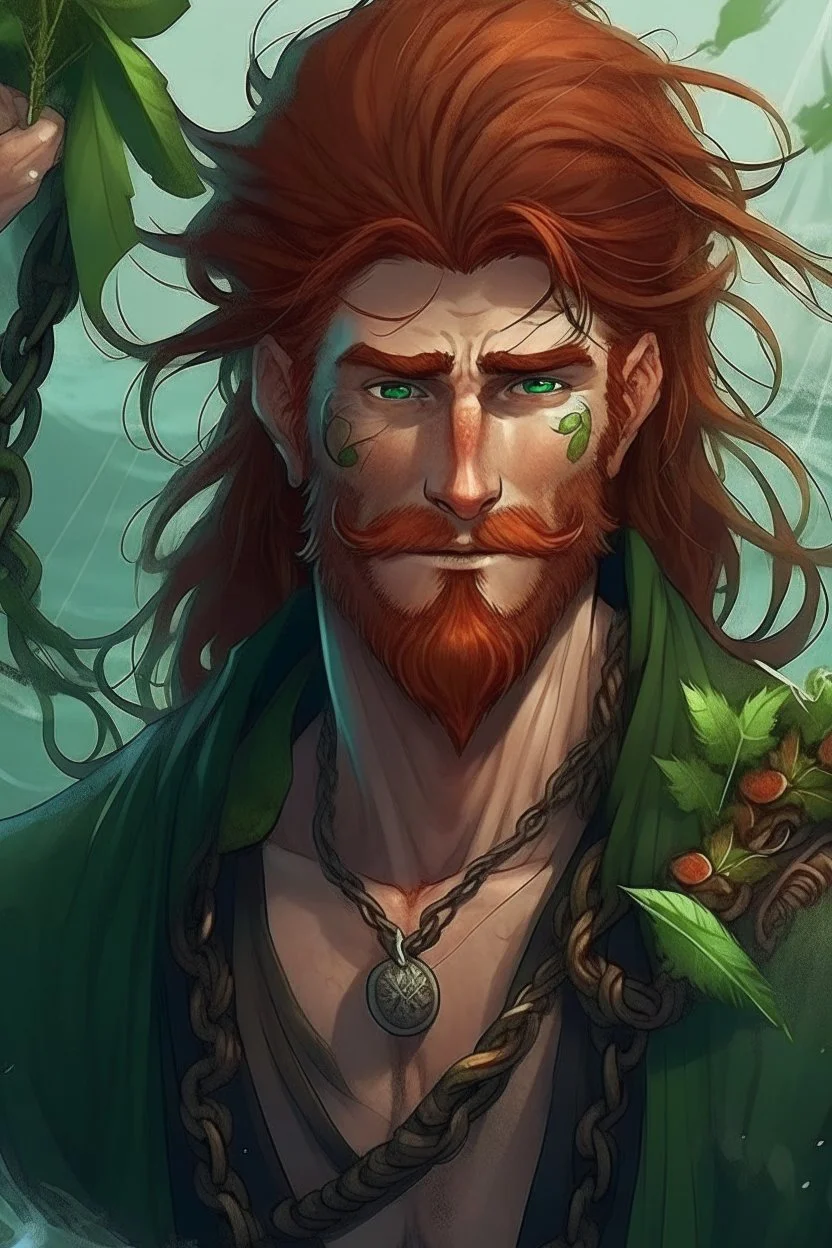 rugged wet pirate nereid male with auburn hair and seaweed