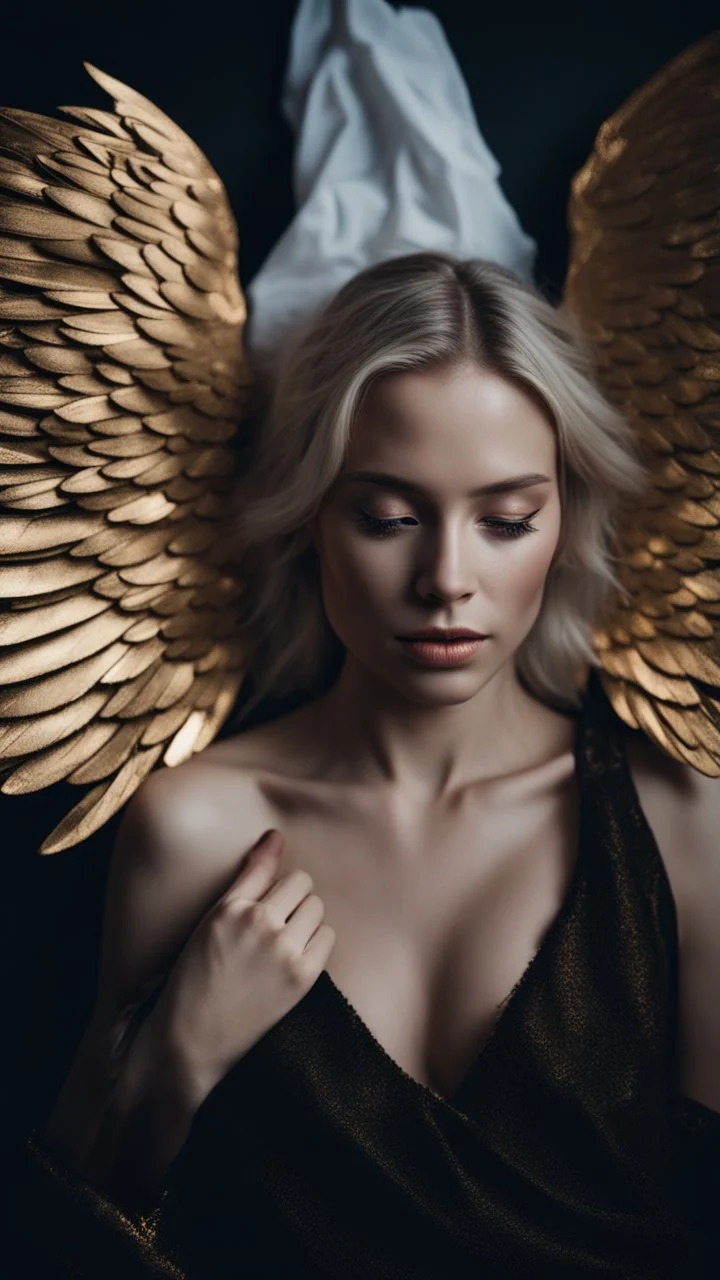 A beautiful, blonde girl in her twenties, with white wings, and a red ring over her eyes. She holds a golden wing in her hand. She sleeps on a luxurious black carpet. Cinematic photo from above.