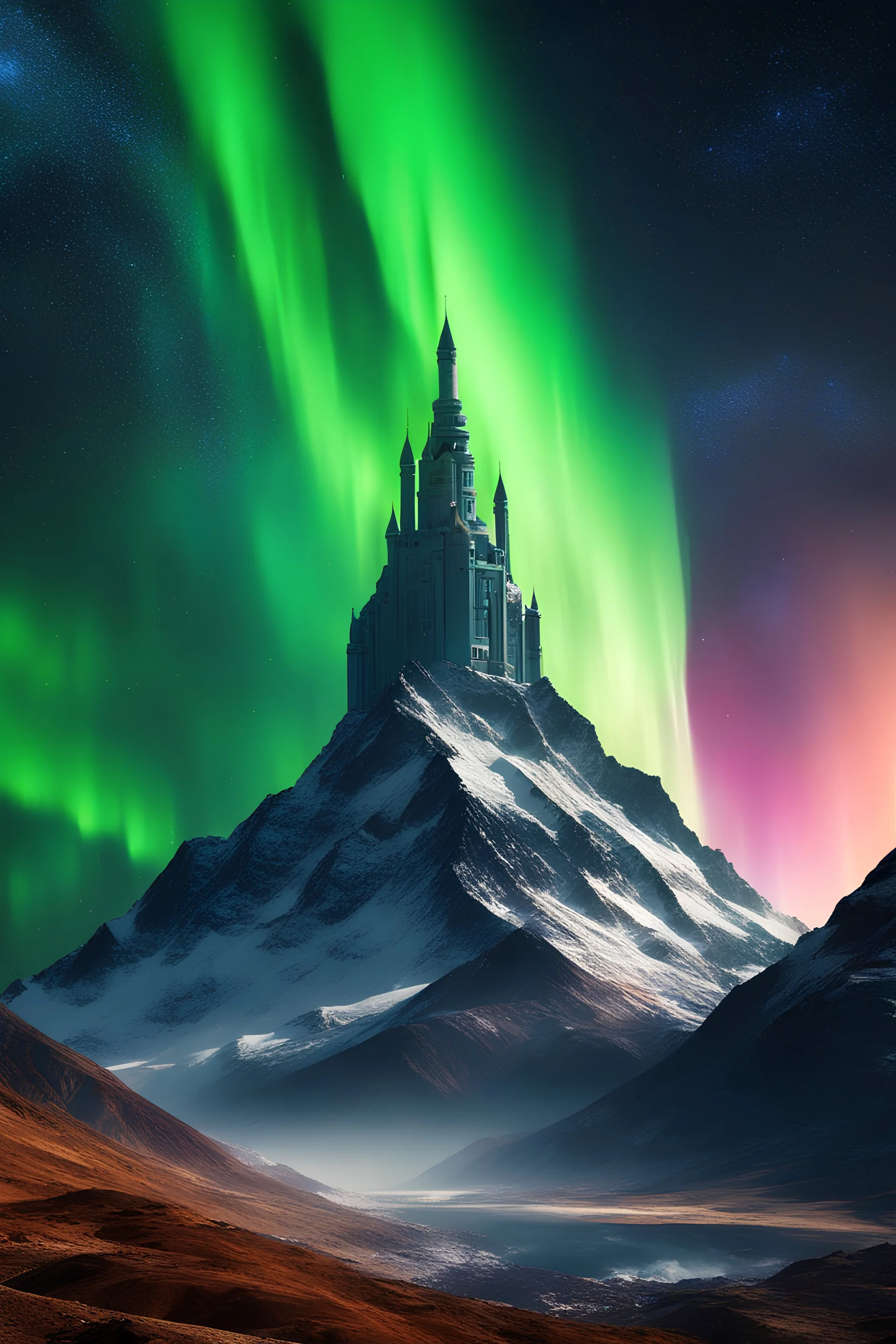 A realistic islamic kingdom castle scape futuristic,K2 beautiful Mountain in the background, dramatic Aurora nebula sky.