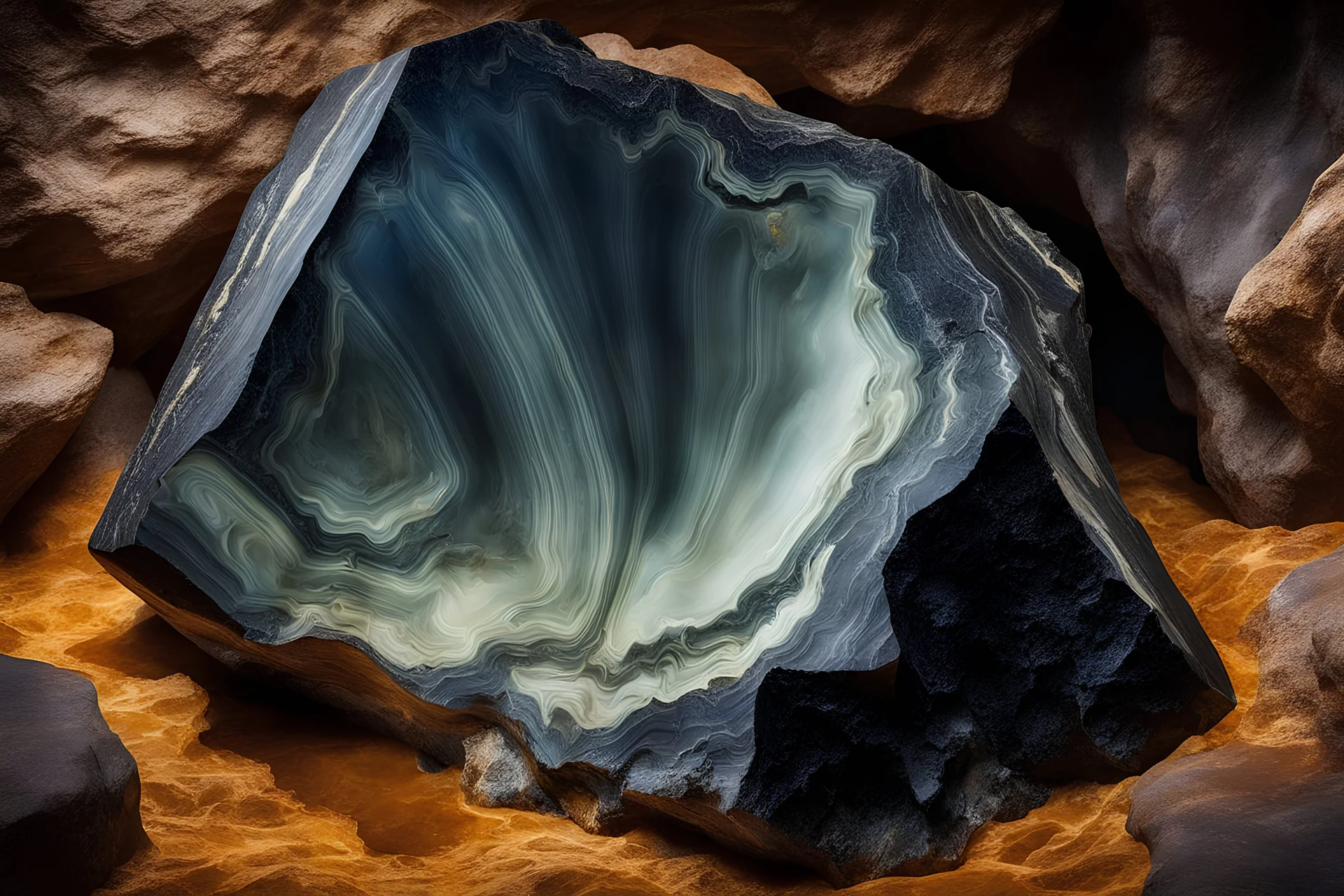 huge A piece of Onyx mineral, in cave realistic, ultra detailed, well defined, a masterpiece, photo realistic, on a spectacular solid color background, sharp photography with sharp focus, high definition, centered image, full body length