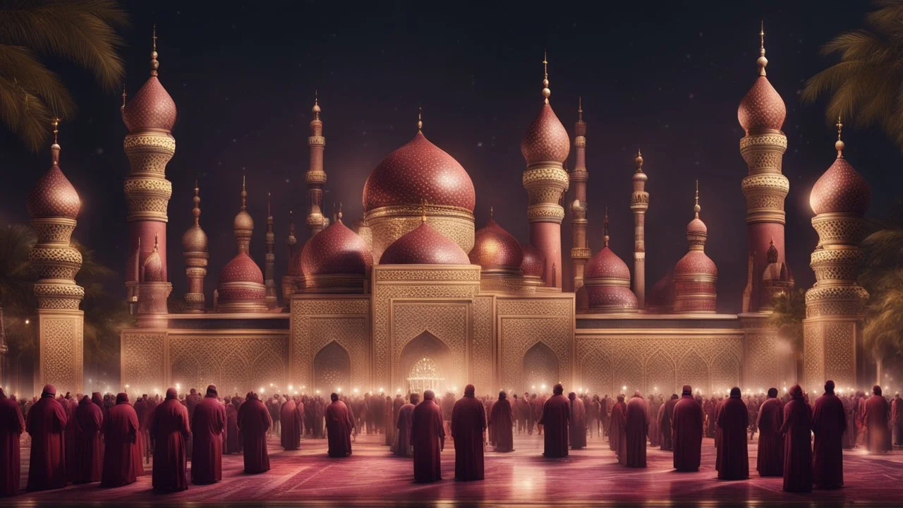 Hyper Realistic Photographic-View of lots of Muslim-Men praying outside a Massively-Huge-Beautifully-Crafted-Maroon-&-Golden Mosque with detailed-minarets & Ramadan-Light-Decorations-&-Lamps-&-a-fountain at beautiful-dark-night with dramatic-&-Cinematic-Ambiance