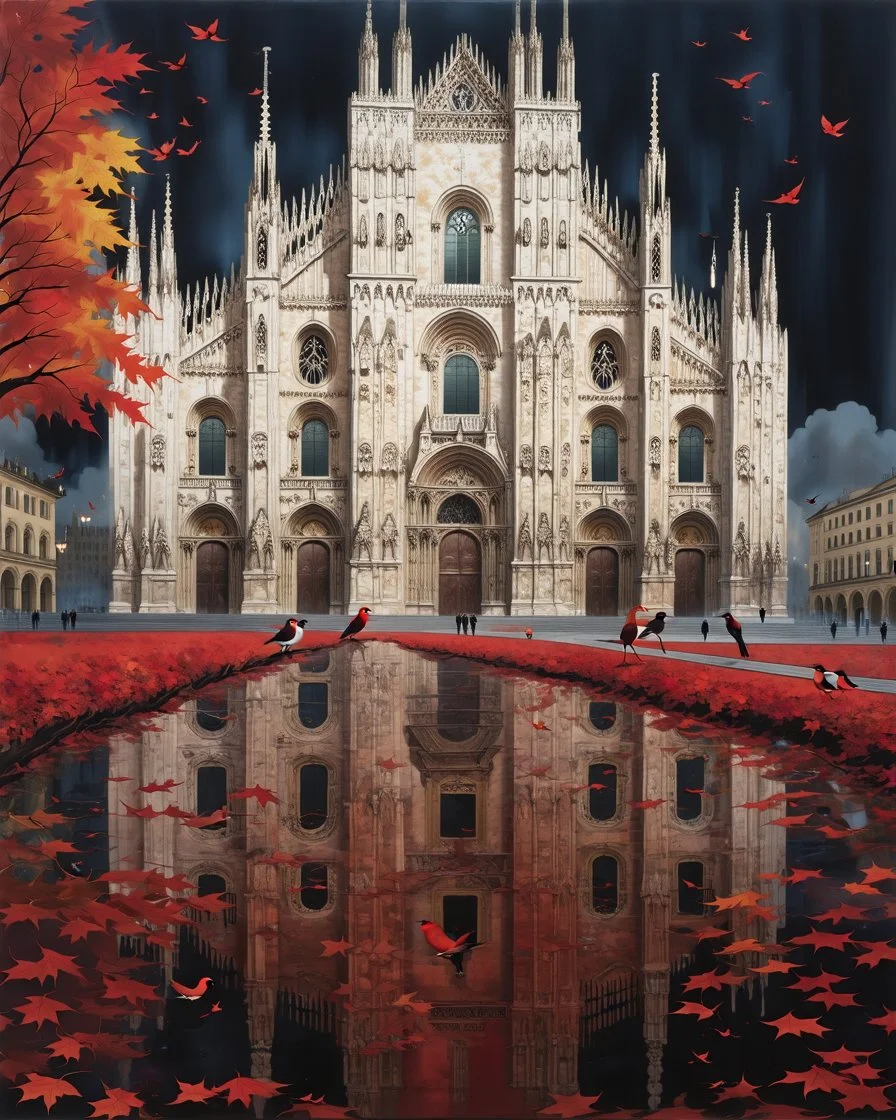 Milan Cathedral. Amanda Clark, Zdzisław Beksiński, Jacek Yerka and Yossi Kotler style mix, surreal whimsical autumn landscape, watercolor- fall foliage is almost over. A beautiful red maple clings to the last of its leaves and a flock of small birds nestled on its branches, watercolour and ink illustration, wet-on-wet, loose water effects, white, red and golden paint splatter, voronoi pattern, richly textured, fluffy clouds, beautiful vibrant colors, opalescent gradient. Modifiers: intricate bea