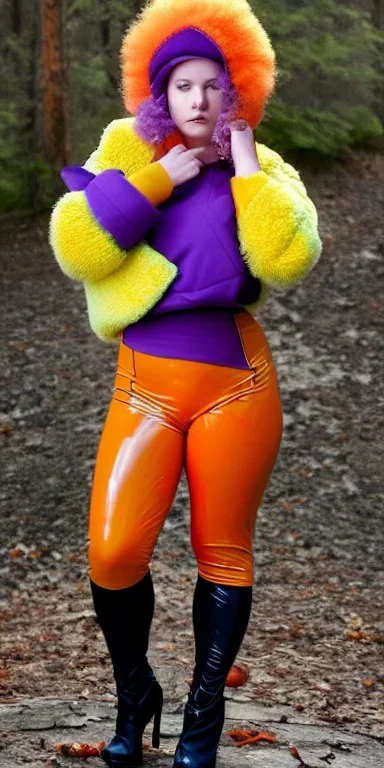 Bright-color-haired woman.thick thighs,thick calves,flat belly,curvy fell, fit, slim. Mantle is sewed of upcycled Denim and sewed together of camouflage pieces. Pieces' color are orange, cream and purple. Cream latex gaiters.It is with big bright purple felt tippet and cream-colored-hood. mantle has a hood. Big AKG-style headphones (gold rings!) is merged with small felt cap with small visor. Style: Haute Couture in 1920's, N.Y.C fashion in 1996, inspired by street art.