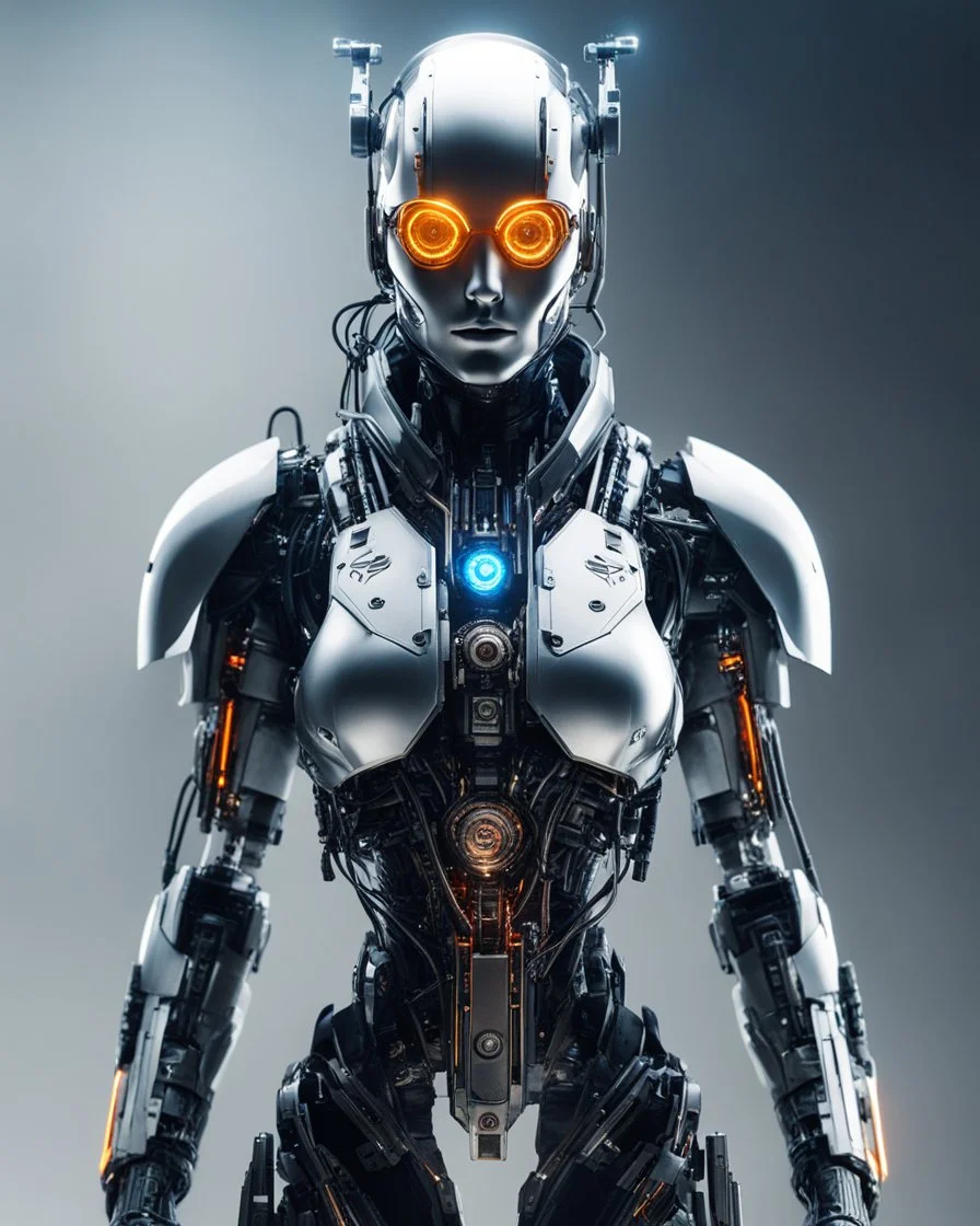 Full body Length picture Futuristic sci fi portrait of a mechanized cyborg special force .high key lighting, 3d bas relief, front view clock, glowing neon nixie eye, wire whiskers cyborg high contrast