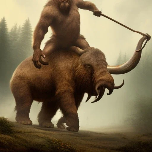 a cave man riding a wild moolly mammoth hyper realistic