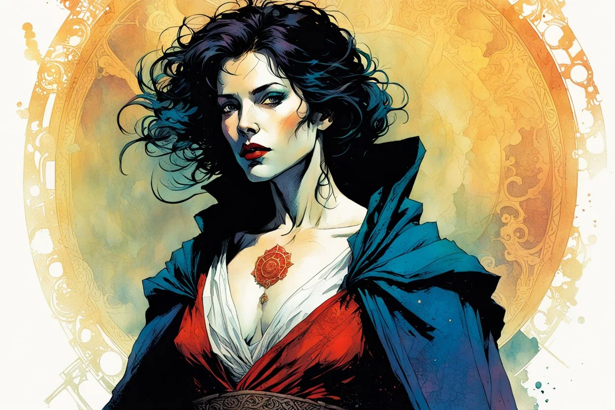 create a wildly imaginative full body portrait of an ethereal, otherworldly , ancient medieval female vampire sorceress with extremely short hair in ragged ornate robes , in the comic book art style of Bill Sienkiewicz, Mike Mignola, and Jean Giraud Moebius, with highly detailed feminine facial features , finely drawn, colored and inked,