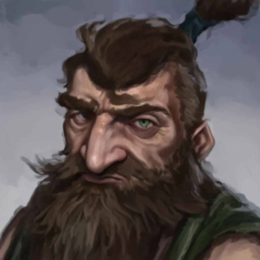 dnd, fantasy, watercolour, hd, stylistic, portrait, illustration, dull colours, male, dwarf, face, bearded, long brows, frugal, weathered face, green eyes, determined, happy, red hair, very long hair streaming down the shoulders, radiating light, five o'clock shadow, softer facial features, dignified