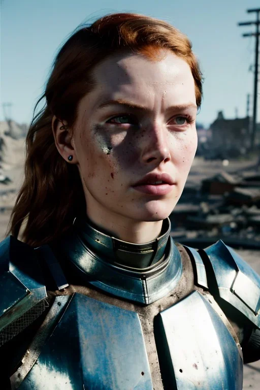 ultrarealistic, ruined city,__futuristic armor__, __angles__, 19 year old woman, strikingly beautiful, ginger hair, silver colour, [__starlets__|__starlets__], (pale __skincolor__ skin:1.2), __camera__, _hair_, detailed face and eyes, medium breasts, leather choker, freckles, dynamic pose, resolved expression, __accessory__, strappy outfit, (straps:1.1), sword in scabard on left hip, (buckles, buttons, snaps, rings:1.0), haltertop style breastplate, detailed eyes, plump lips, sci-fi theme