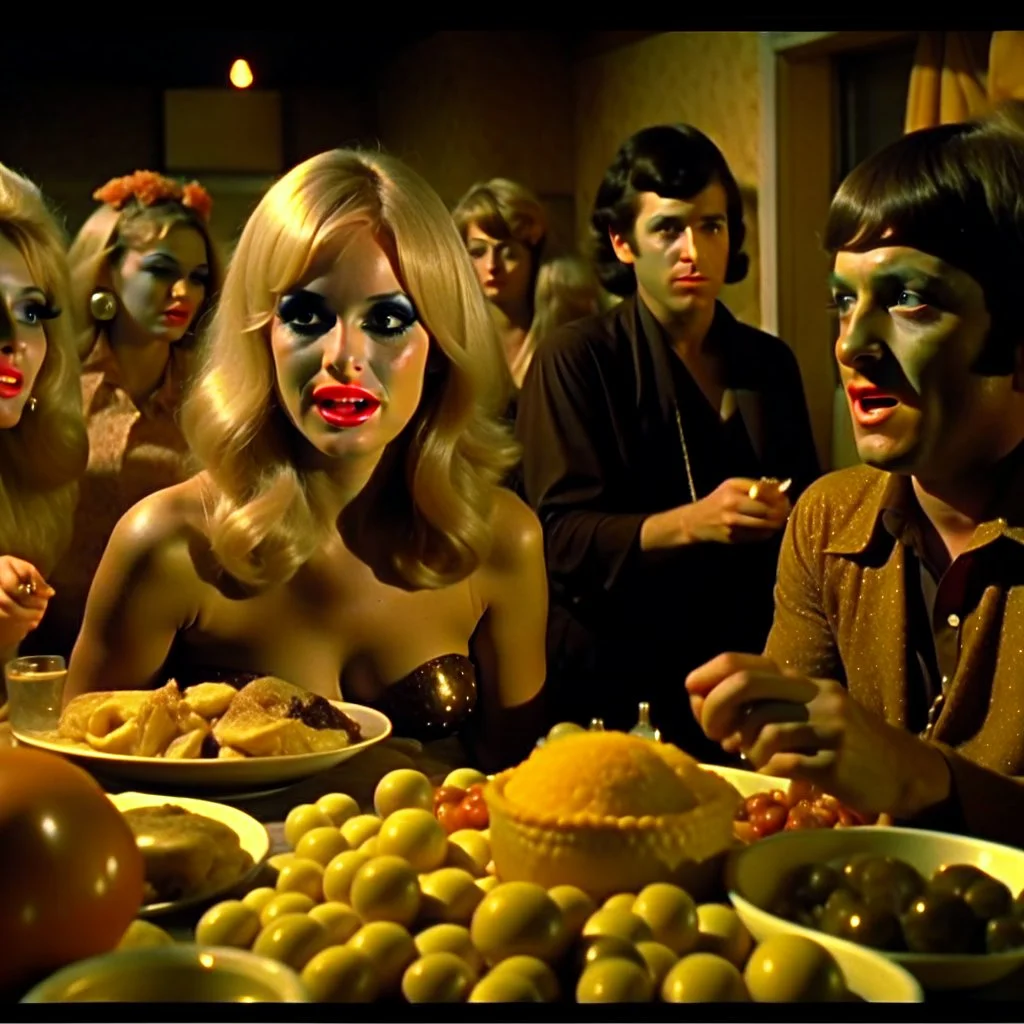 Comic movie shot, spooky, hot, ultra realistic, dine, horns, ultra realistic hot blonde women, year-end party, pieces of meat, organs, hot, ail, dynamic, hot, very excited people, hypermaximalist figures, light, 1970's Italian comedy movie, Stanley Kubrik, ornate, 4k, photorealism