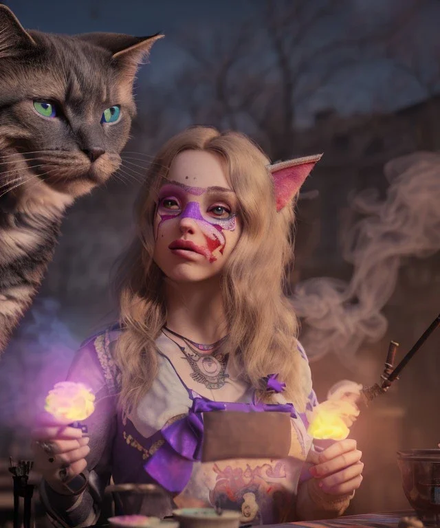 Ultra realistic afternoon photo, happy smoke couple, blonde Alice woman and purple cat smoking a pipe, circus blue dress style, black headband with bow, old school body tattoo, smoke, marihuana garden, glow eyes, perfect iris, soft color, highly detailed, unreal engine 5, ray tracing, RTX, lumen lighting, ultra detail, volumetric lighting, high definition.