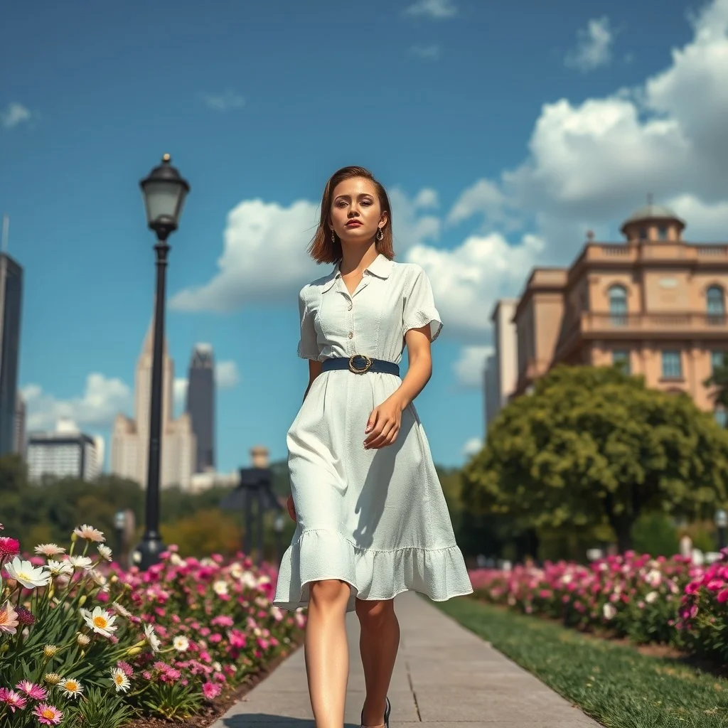 fullbody girl makeup wearing a victorian short dress walking in moder city of 2040 park ,flowers ,pretty clouds in blue sky,city escape.