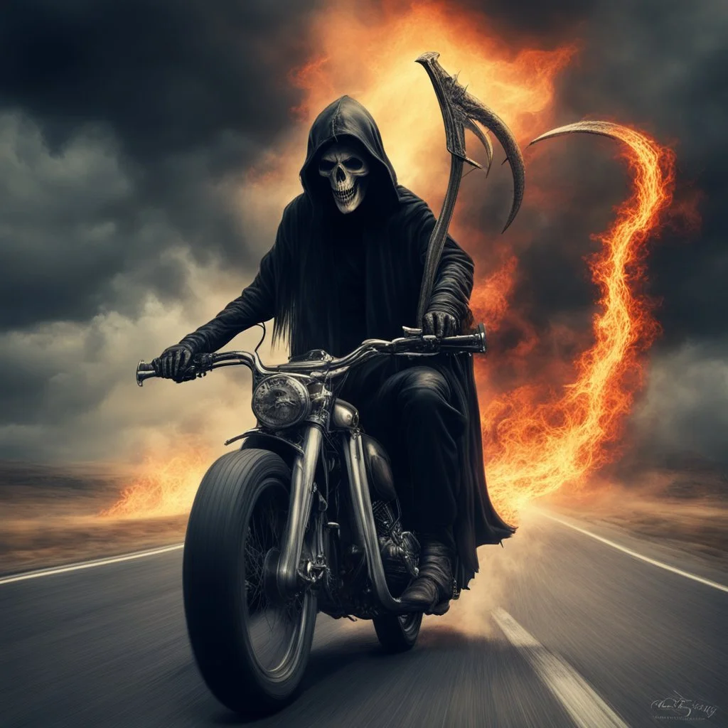 occult transience, Grim Reaper with scythe on a motorcycle on surreal burning highway, failing the reality test, horror poster, sinister, profound, fantastical