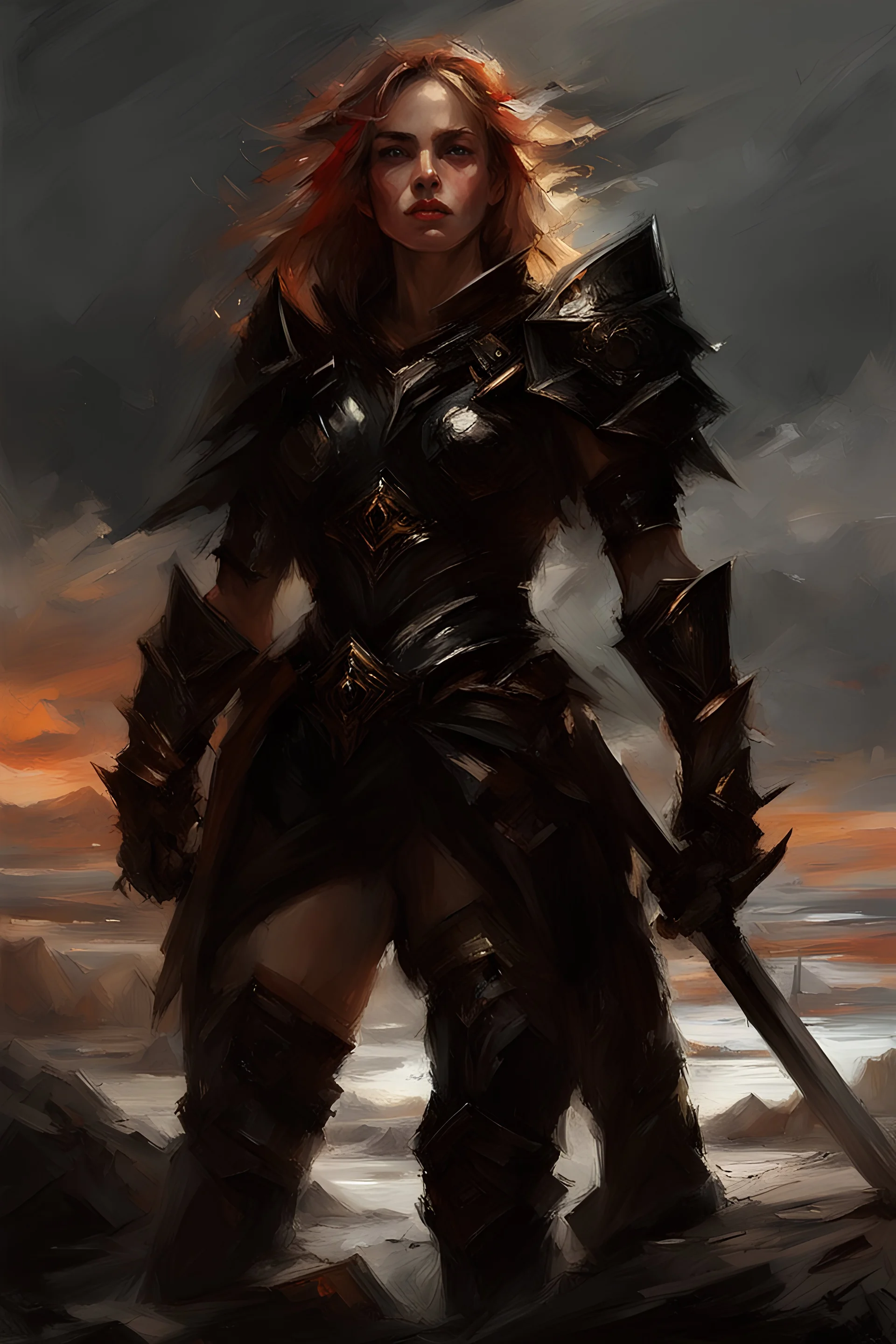 A formidable warrior girl in black armor, on the background Amazing gloomy landscape, flooded with sunset, mountains, trees, fabulous scary hero, , juicy emotions, painting, dark fantasy, gloomy day, dark world, portrait, by James Paick & Anna Razumovskaya