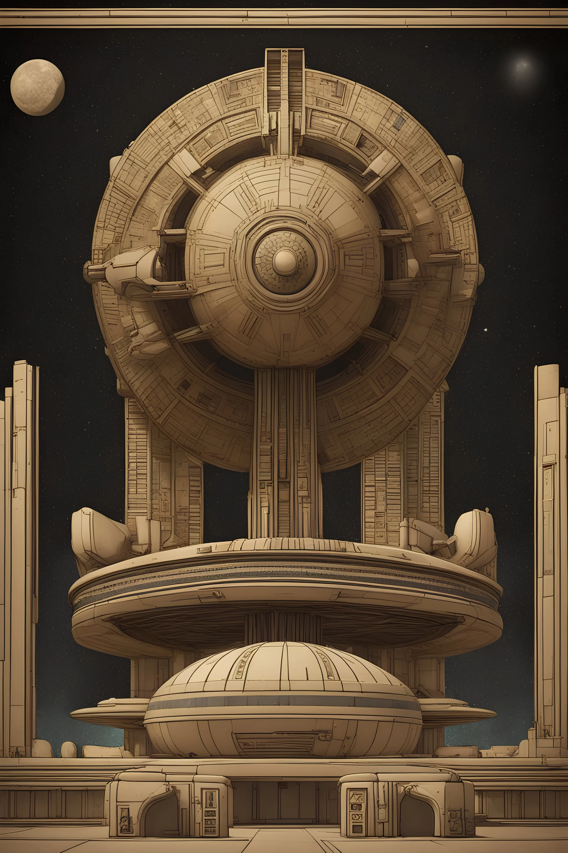 An orbital space station in the style of ancient Egyptian architecture.