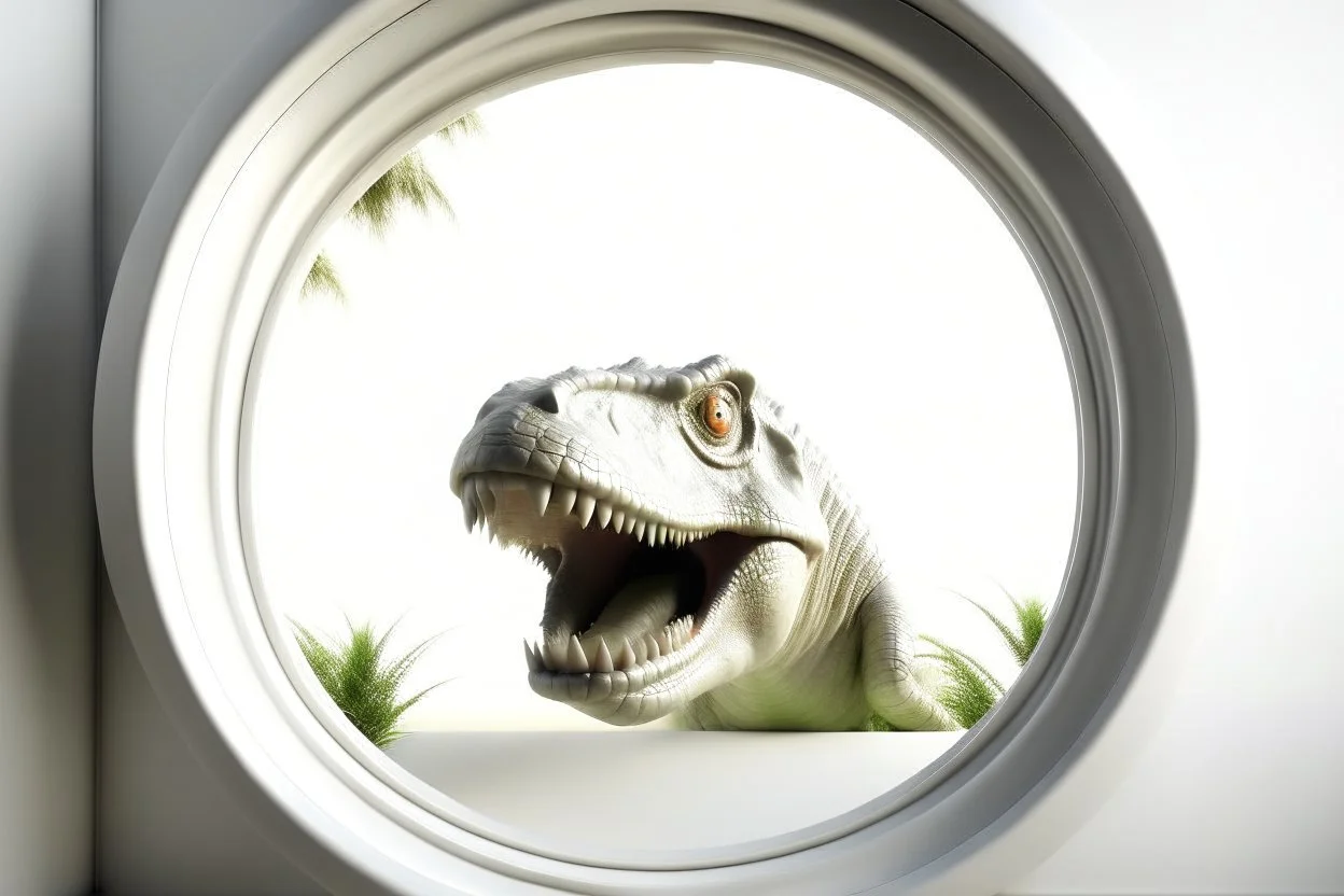 white,background,looking,through,a 3-d, hole,or,window,,a,seeing a dinosaur