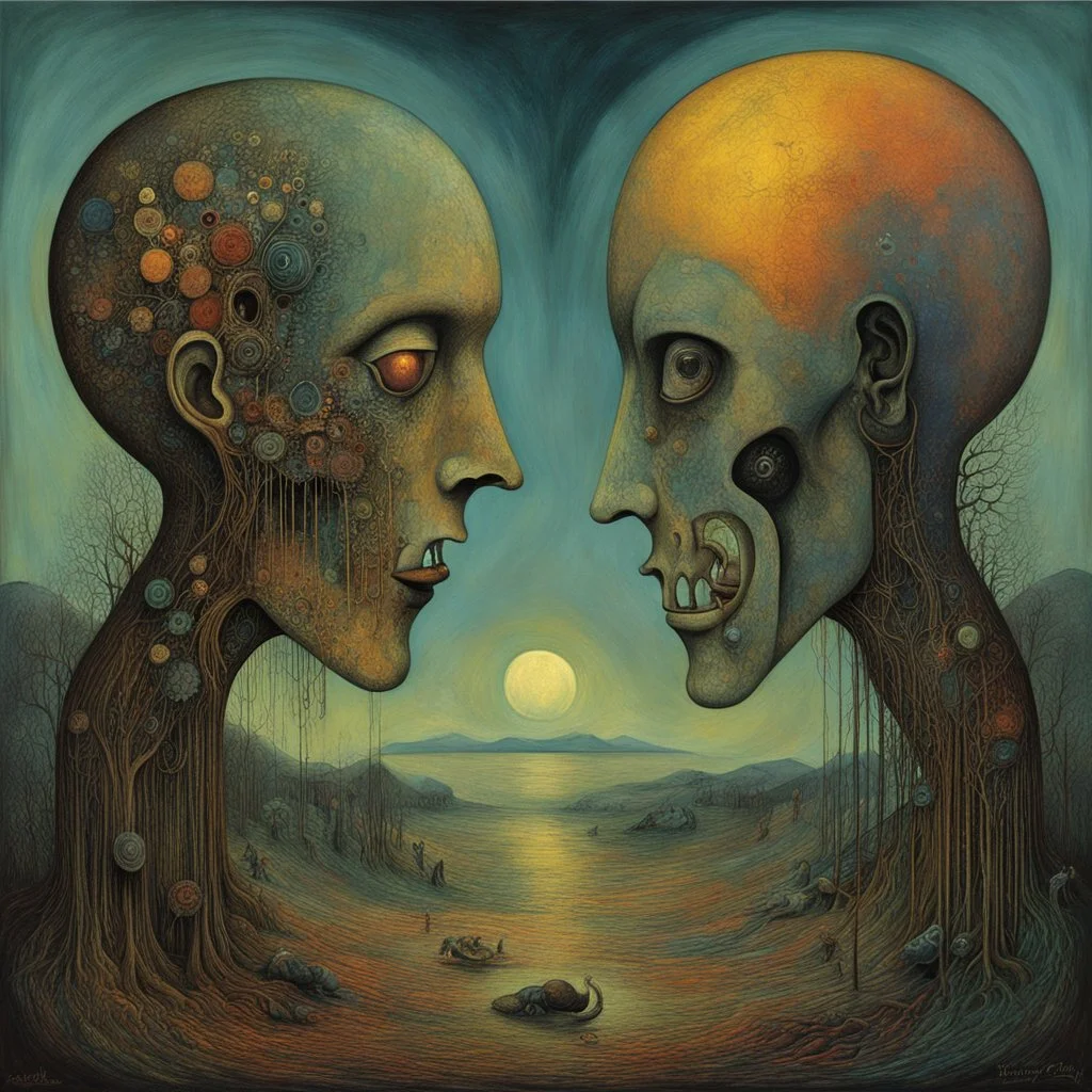 Divorced from reality - married to nonsense, physics vs metaphysical, Wassily Kandinsky and Sidney Nolan and Zdzislaw Beksinski deliver a dark surreal masterpiece, muted colors, sinister, creepy, sharp focus, dark shines, asymmetric,