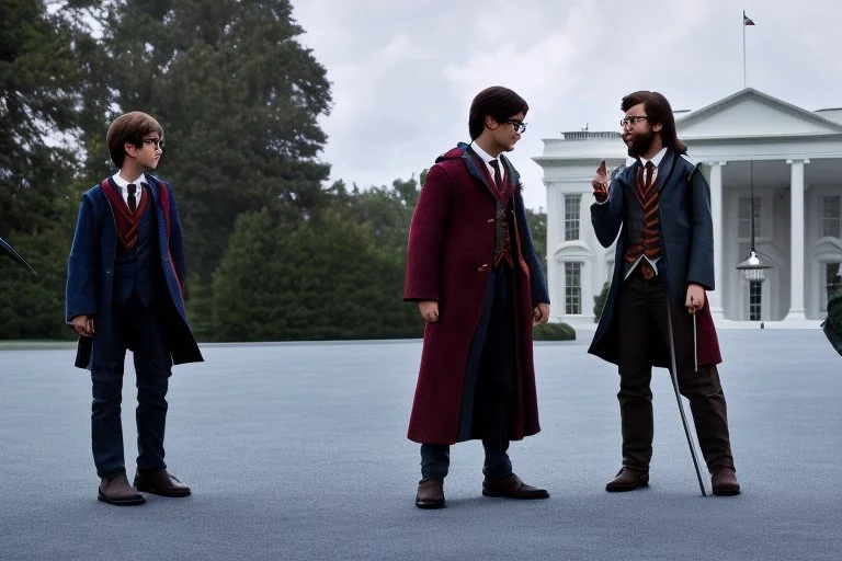 realistic young Harry Potter talking to Rubeus hagrid in front of white house