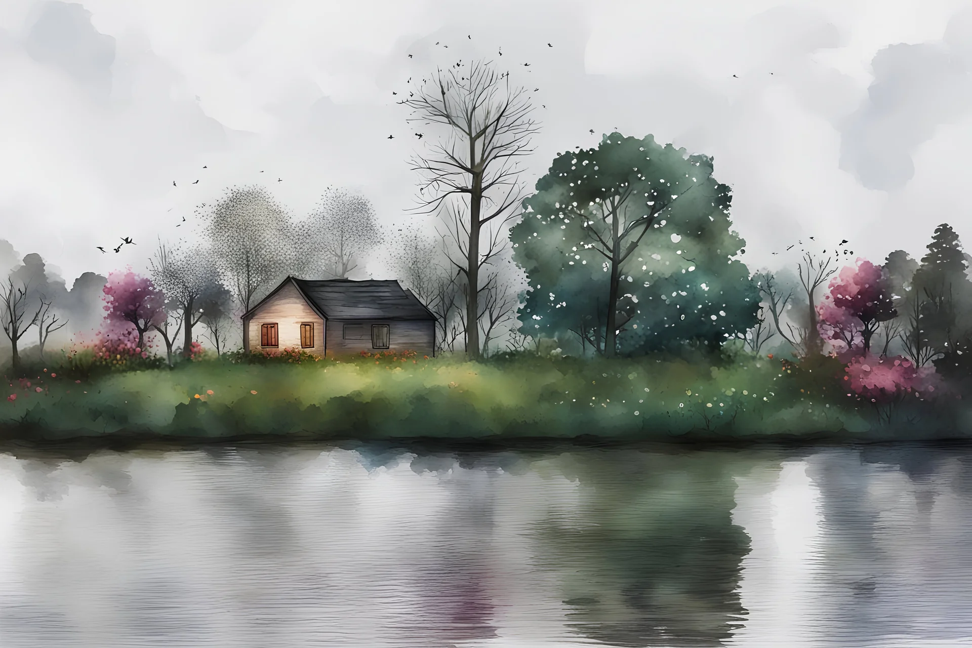 Create a illustration in a watercolor style from the image with a calm but cheerful mood with a house less trees in background and add some colorful flowers