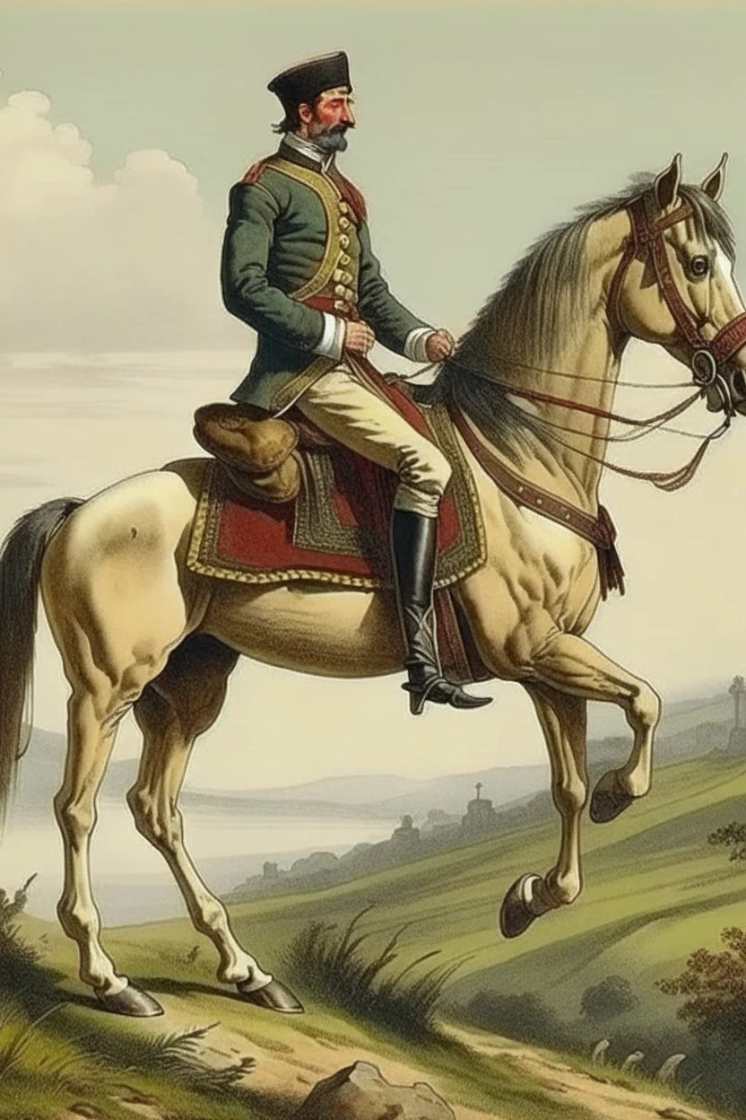 A person in an Andalusian military uniform riding a horse standing on a hill with his back