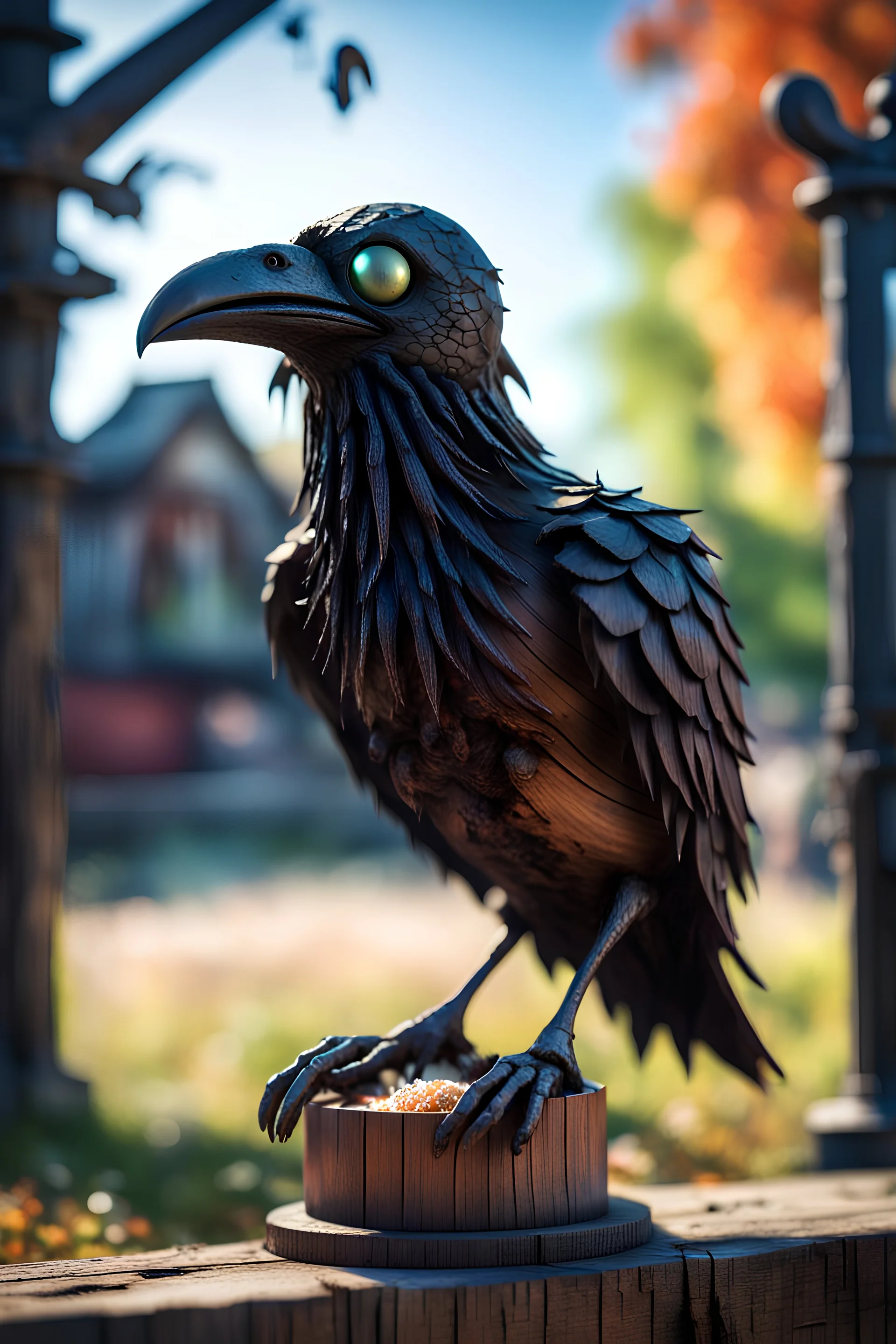 smilende zombie crow av tre foran 3d vrengt spesialeffekt plasma krystallkule av et kastanjegjerde in the style of giger and fallout 4 ,,bokeh like f/0.8, tilt-shift lens 8k, high detail, smooth render, down-light, unreal engine