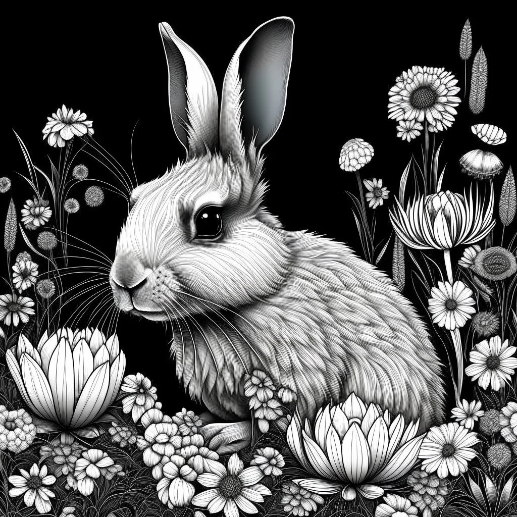 black and white Patagonian Mara between seeds and big flowers black background. for a coloring. with grayscale