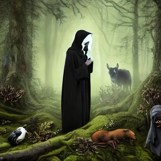 the Grim Reaper wearing black robe and hood, surrounded by woodland animals in beautiful forest, animals, flowers, 8k resolution, high-quality, fine-detail, iridescent, intricate, digital art, detailed matte, volumetric lighting, beautiful, illustration, 3D octane render, brian froud, howard lyon, selina french, anna dittmann, annie stokes, lisa parker, greg rutowski,