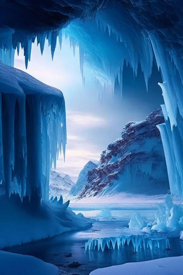 A frozen landscape with a giant caveroof over it