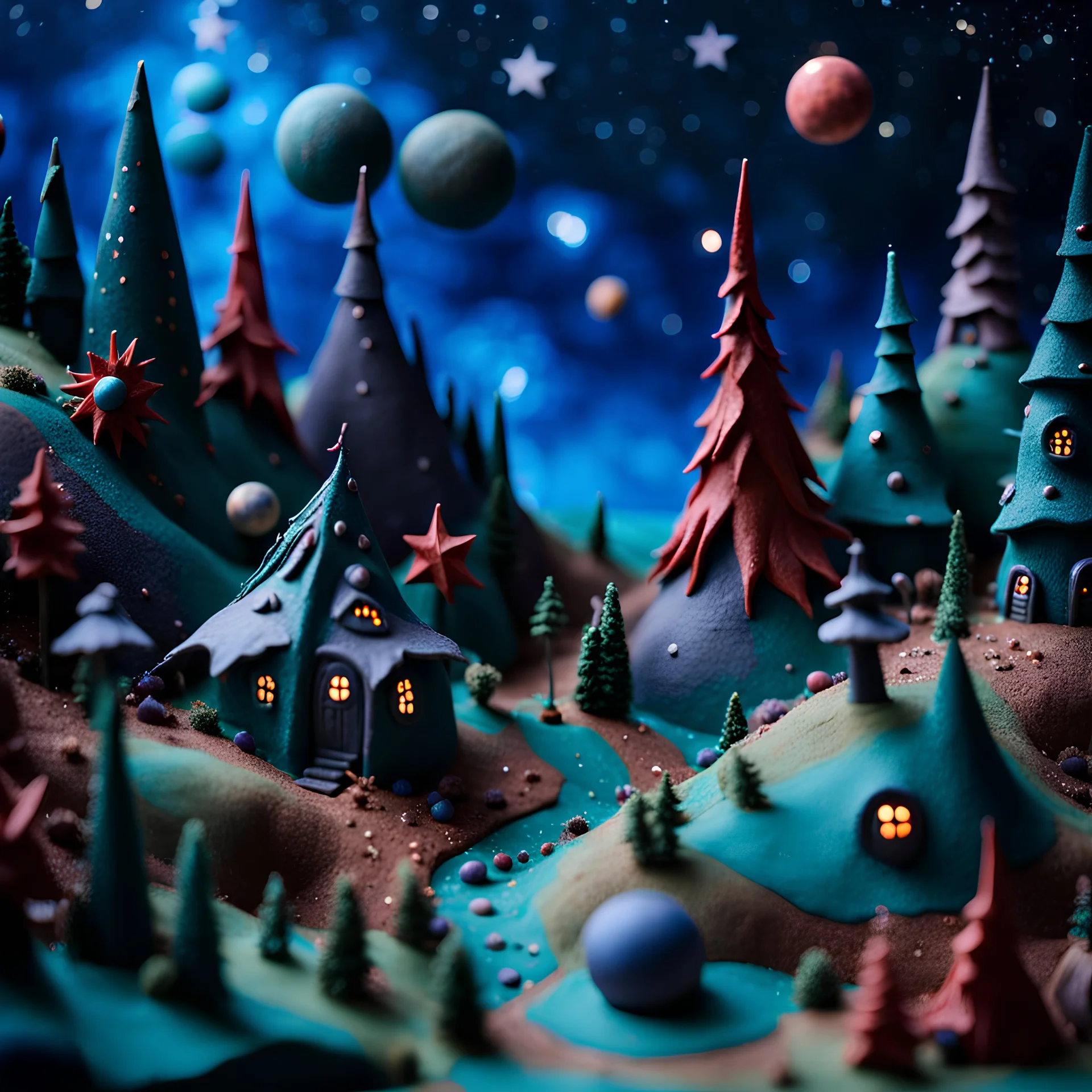 Detailed creepy landscape made of modeling clay, village, stars and planets, Roger Dean, naïve, Tim Burton, strong texture, Ernst Haekel, extreme detail, Max Ernst, decal, rich moody colors, sparkles, Yves Tanguy, bokeh, odd