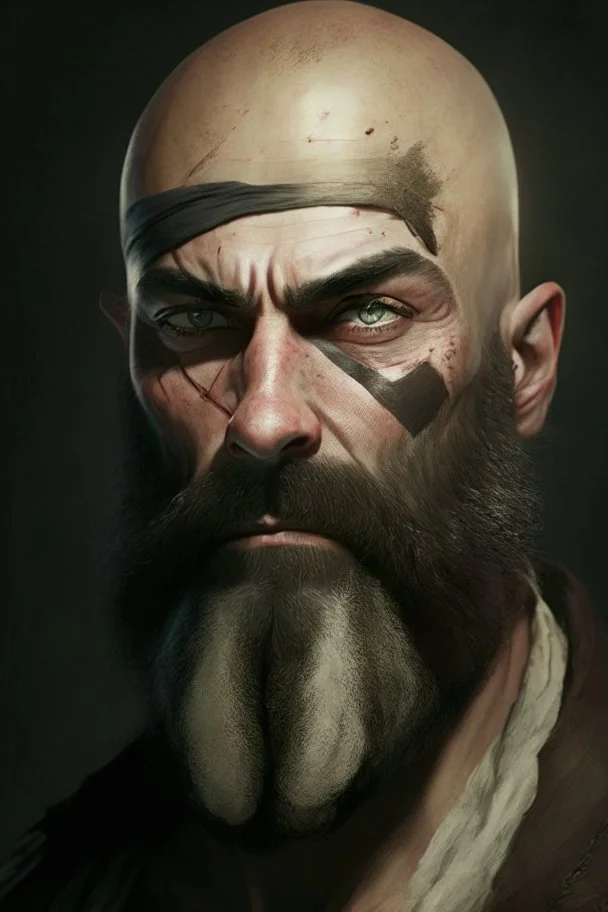 Portrait of a bald man, muscled, with quite-long brown beard, a black bandage on his left eye like a pirate