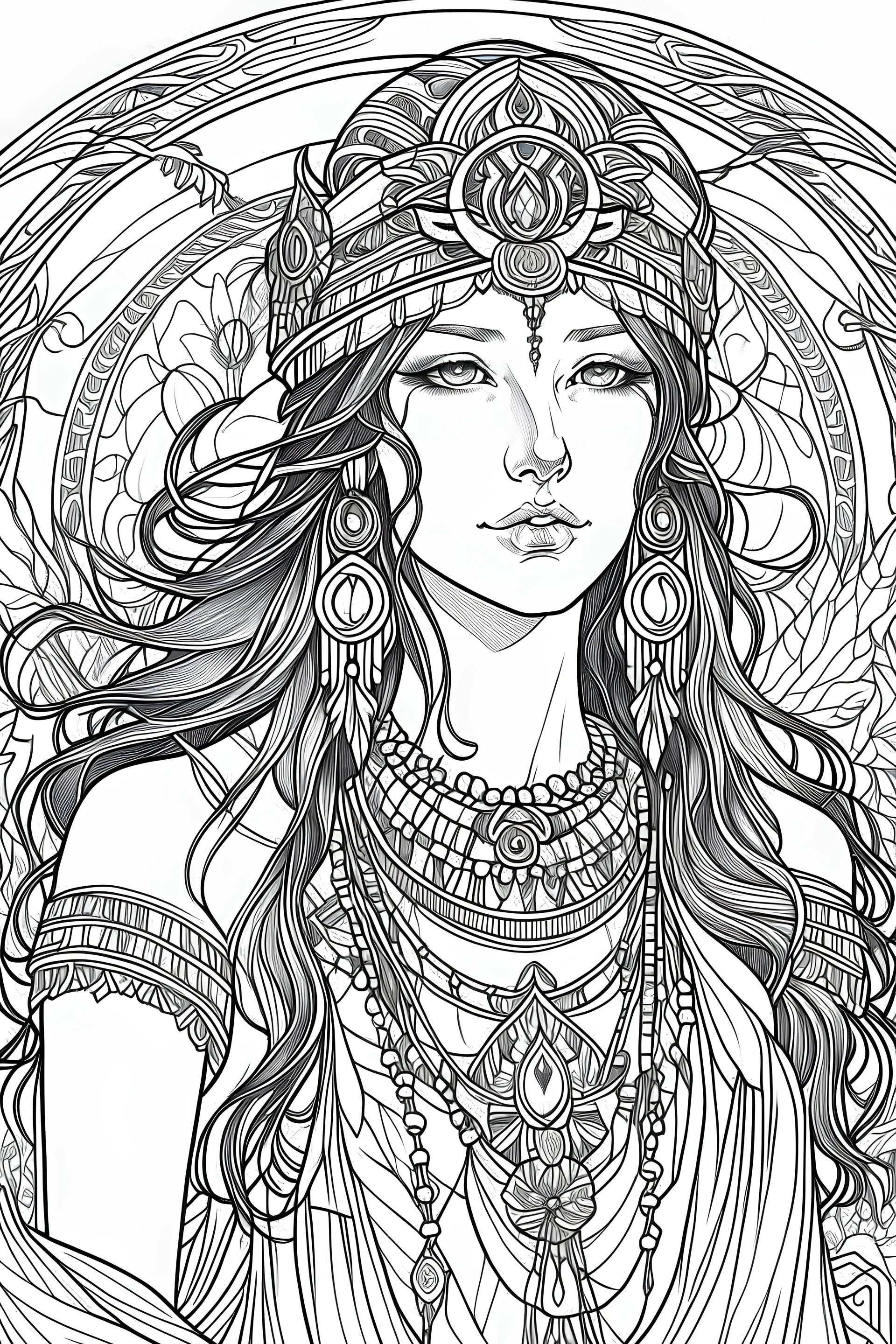 Portrait of Egyptian goddess in turban and long black hair and loads of jewellery painted by brush in style of Alfons Mucha for coloring