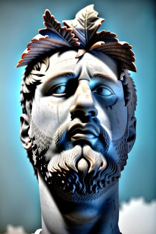 Ultra Realistic image, roman sculpture, white marble material, Lionel Messi, Laurel leaves wreath, miguel angel style, chisel style, emperador, waist up portrait, ultra hd, perfect texture, epic, celestial, cinematic lighting, God light, god rays, 4k resolution, smooth details, ornate details, soft lighting, unreal engine 5, sky and clouds background.