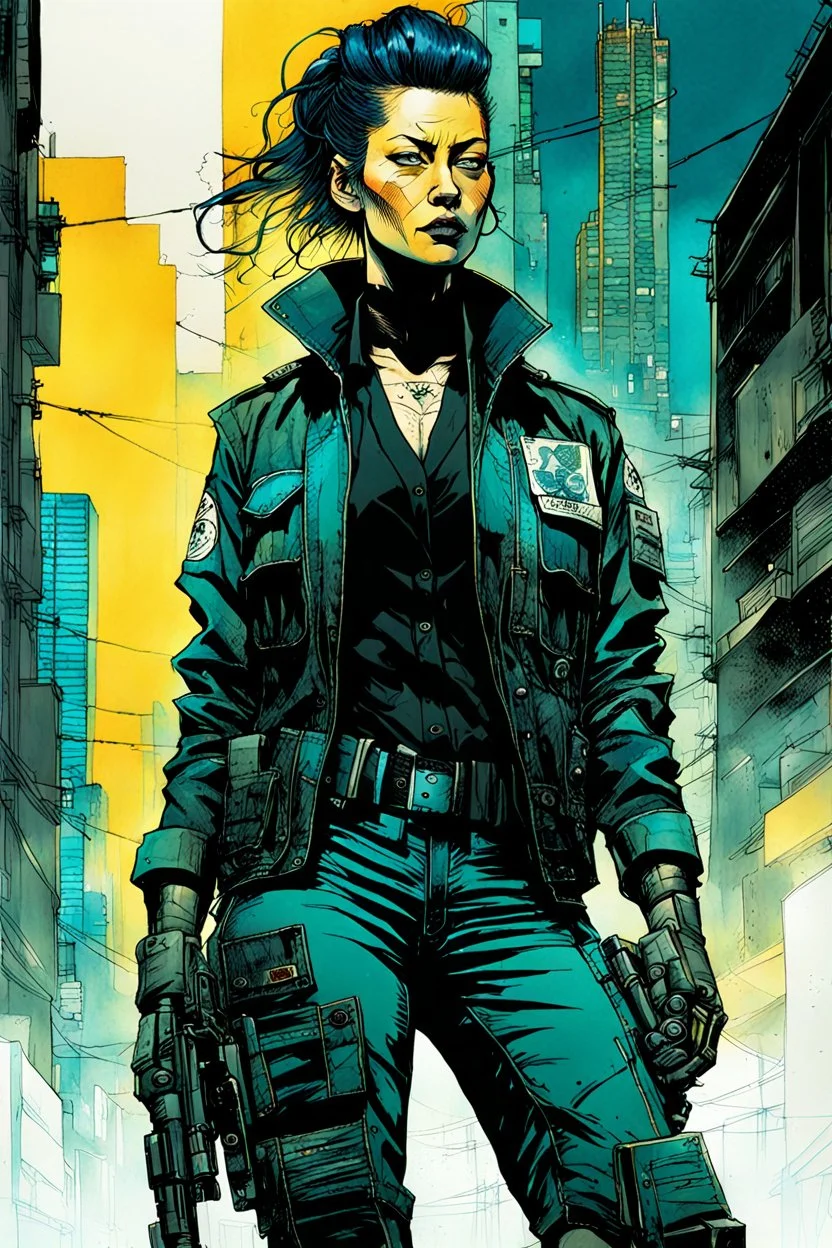 create a full body portrait illustration of a cyberpunk samurai female police detective with prosthetic arm in flak jacket, with highly detailed , sharply defined feminine facial features, in a chaotic, turbulent, otherworldly Tokyo in the comic art style of BILL SIENKIEWICZ and JEAN GIRAUD MOEBIUS, searing lines and forceful strokes, precisely drawn, inked, and darkly colored