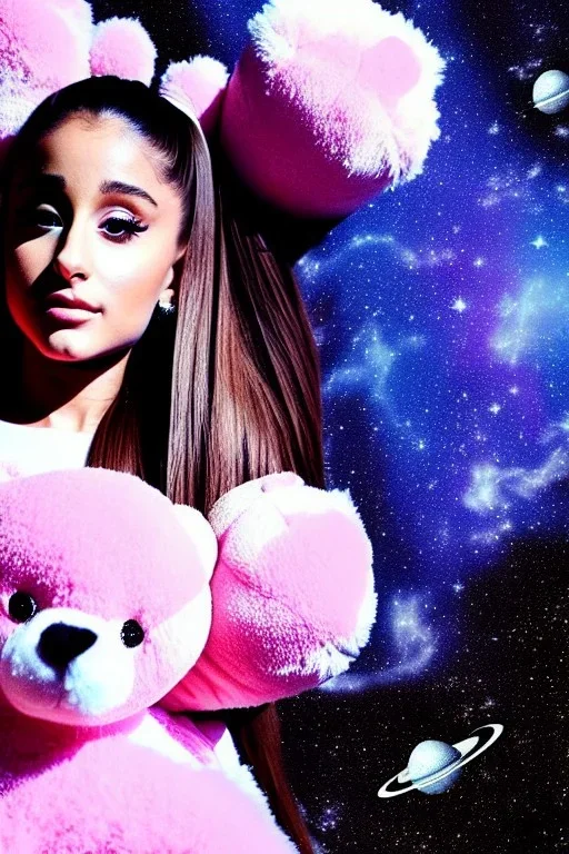 Ariana Grande floating in space with fluffy teddy bears high quality high detail high contrast