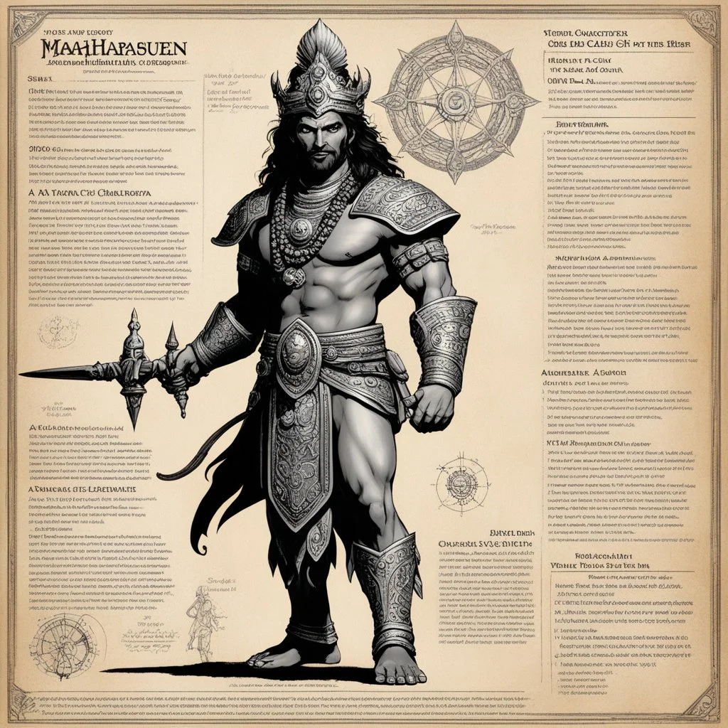 character concept sheet with AD&D statistics and characteristics, [high res photo by Ray Harryhausen for Mahābhārata module B3] a character of Pāṇḍavas class of King: Sahadeva — Son of the Aśvins (Twin Gods of Healing and Intuition) Epithets: Ashvineya, Madreya Qualities: Wise, analytical, and introspective — the most intellectual of the five. Skilled in astrology and prophecy. Known for his quiet devotion and foresight; he knows much but keeps silent unless duty demands. Symbolic trait: The pow