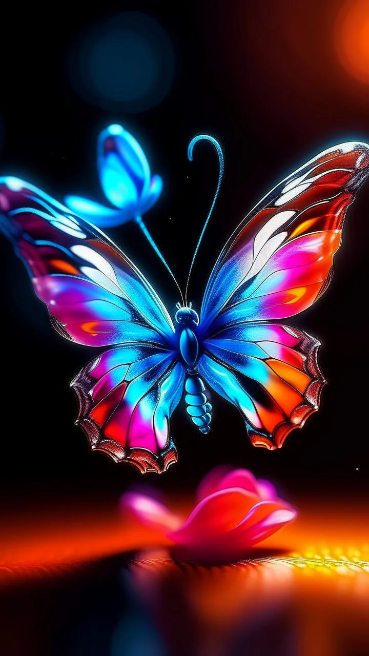 A picture of a butterfly with a ted flower glowing . plastic painting with colors that express joy 8k