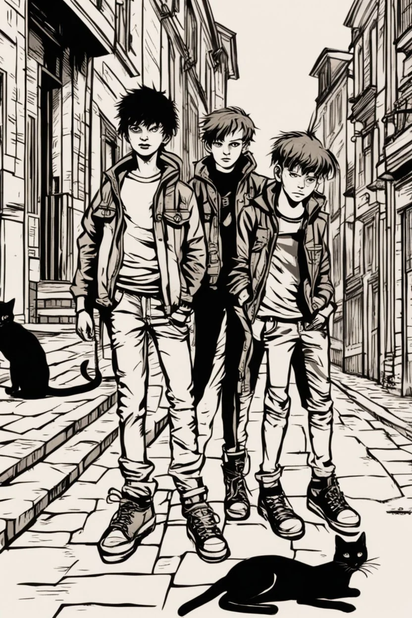 three teenage street children two boys and one punk girl in book-cover poses on the screen of an old town plus a black cat as a companion, graphic style