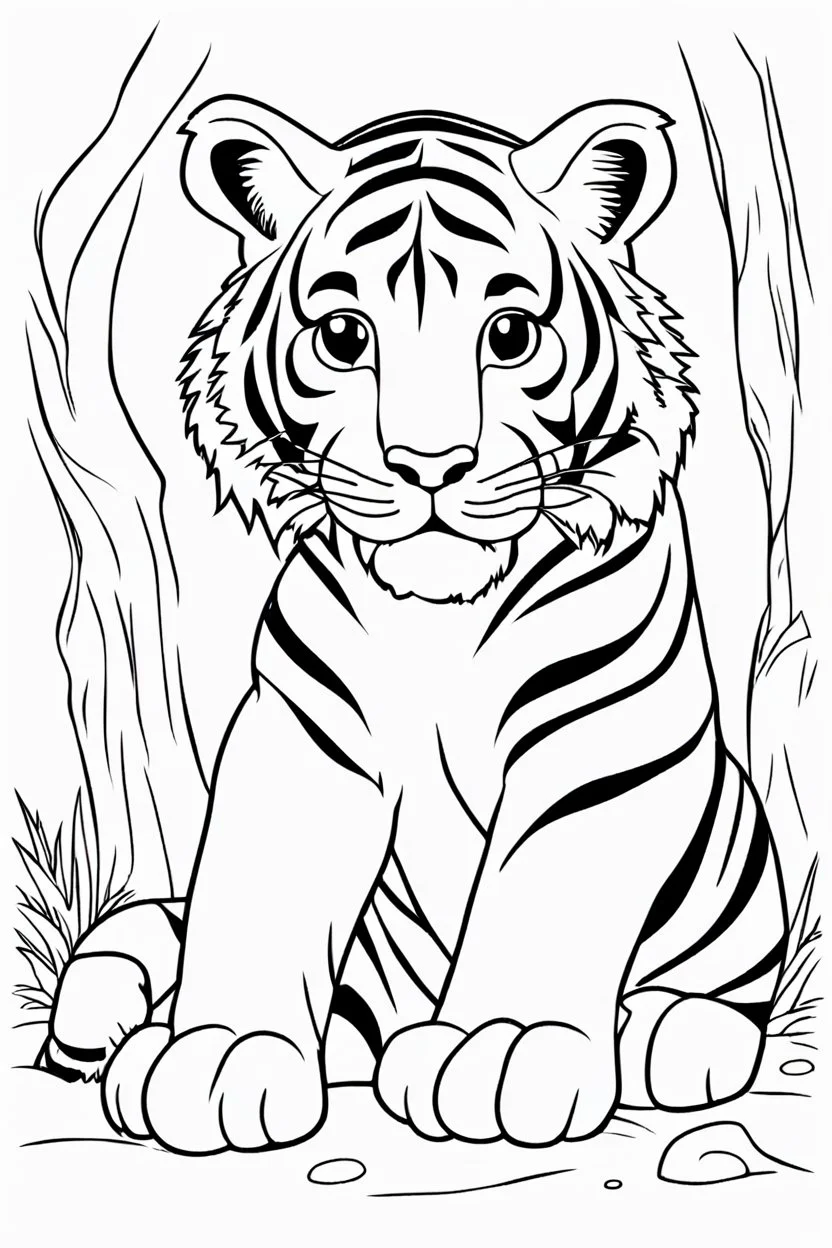 coloring page for kids, tiger, thick outline, low details, no shading, no color