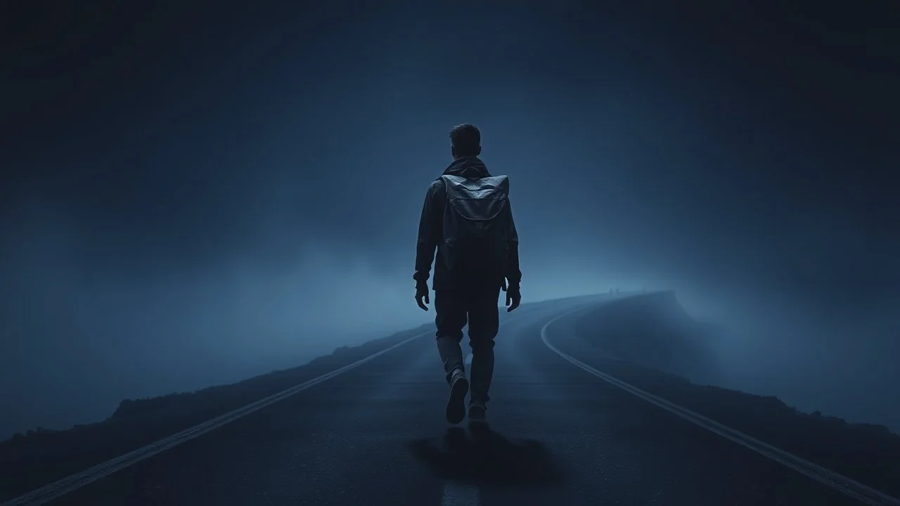 A solitary androgynous figure seen from behind, carrying an oversized heavy backpack, walking alone along a long winding road suspended in a vast dark sky. Surreal abstract dreamscape, the road curving into endless darkness, subtle mist and distant blurred figures moving ahead, atmosphere of change, uncertainty and emotional weight, but not hopeless. Dark blue, charcoal and muted purple tones, poetic digital art, etheral, atmospheric